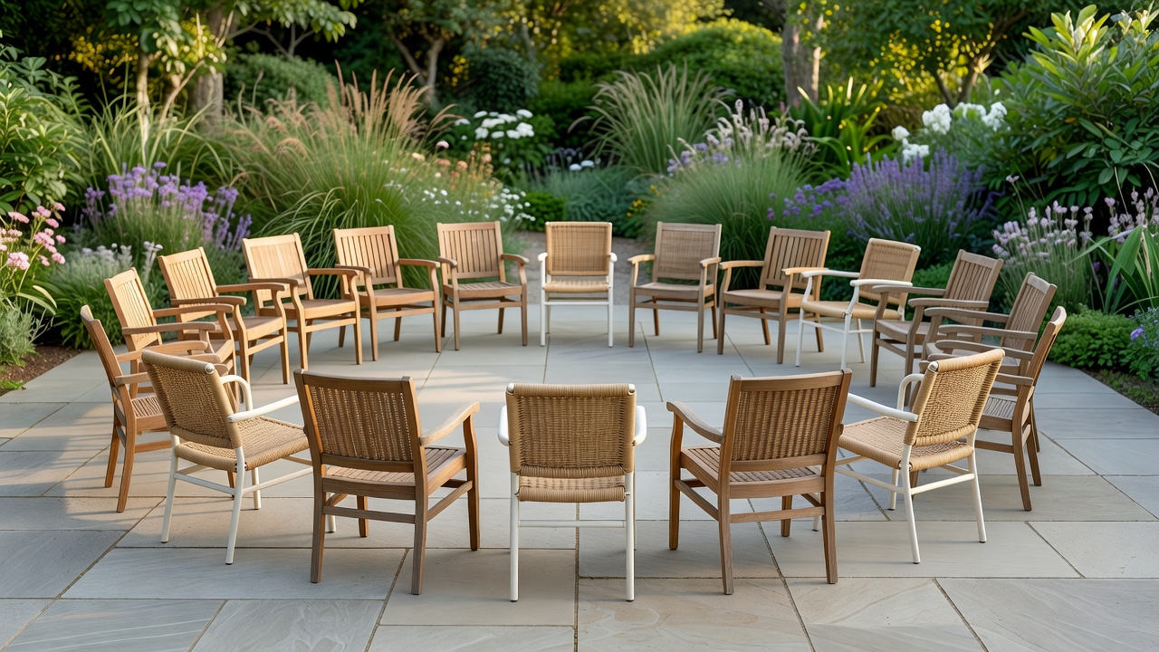 Garden chairs arranged with an open entrance and clear space between seats on a level patio