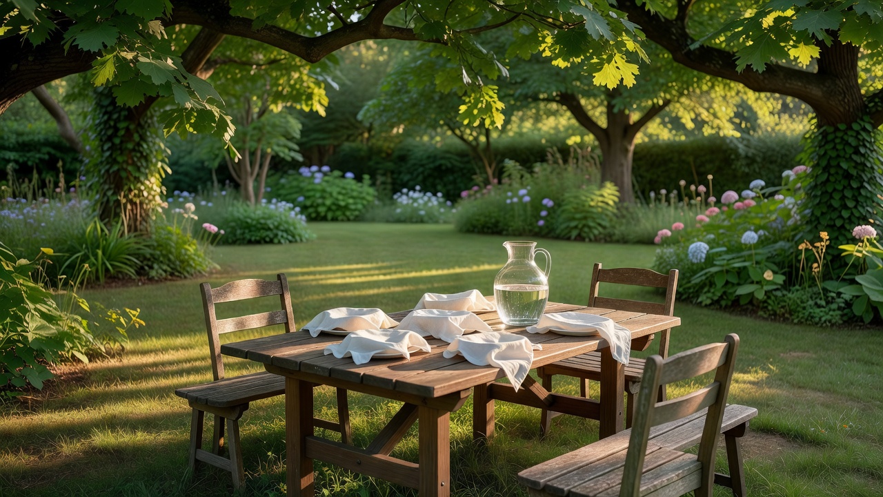 Shaded garden seating beside a picnic table with covered food and a drinking-water jug